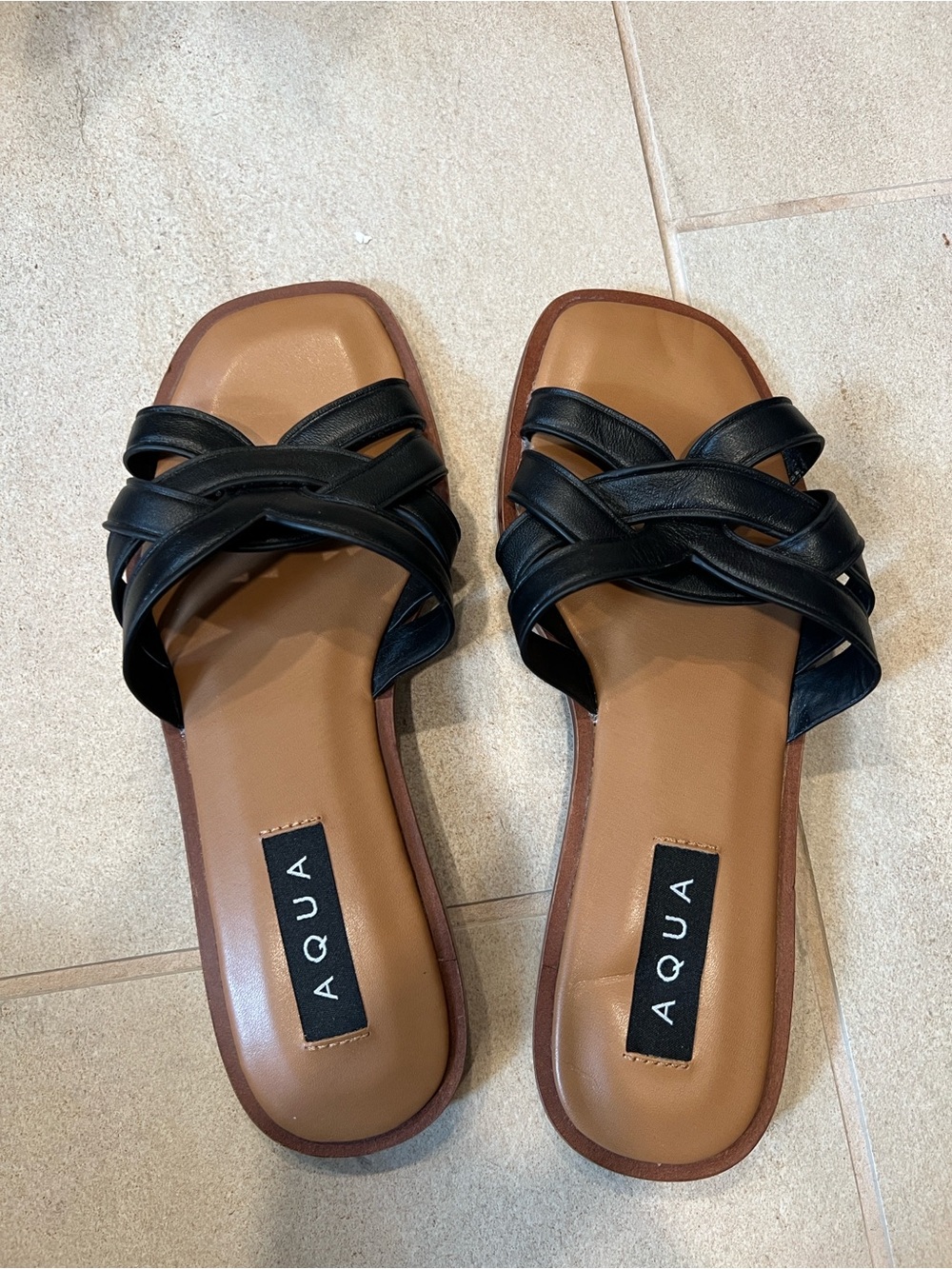 Aqua Black Leather Knot-Detail Slide Mules